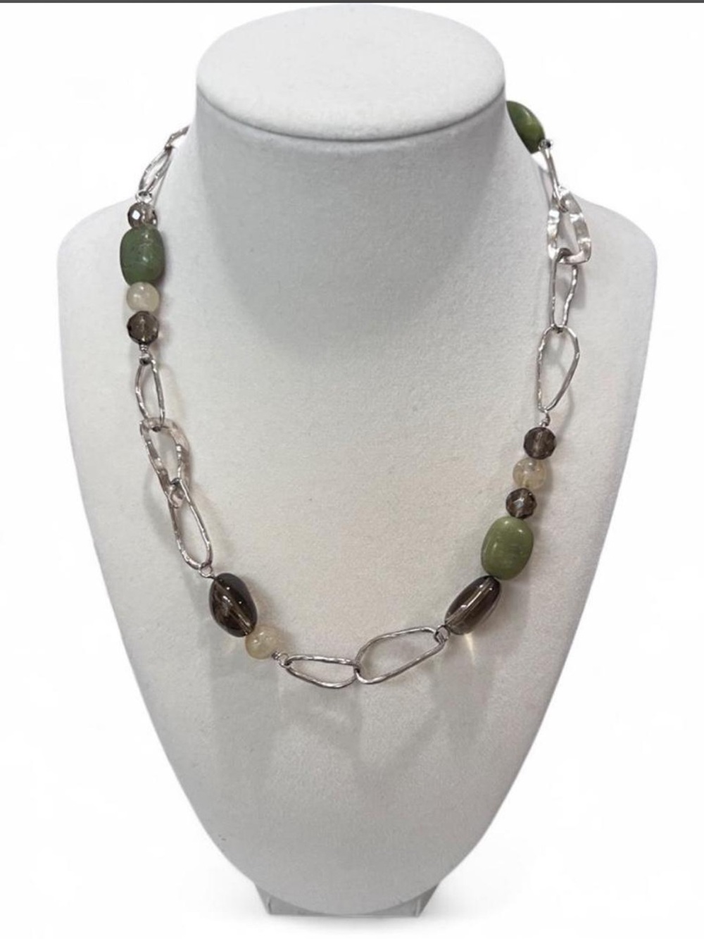Silpada Sterling Silver Statement Necklace-Smoky Quartz, Green Stone & Hammered